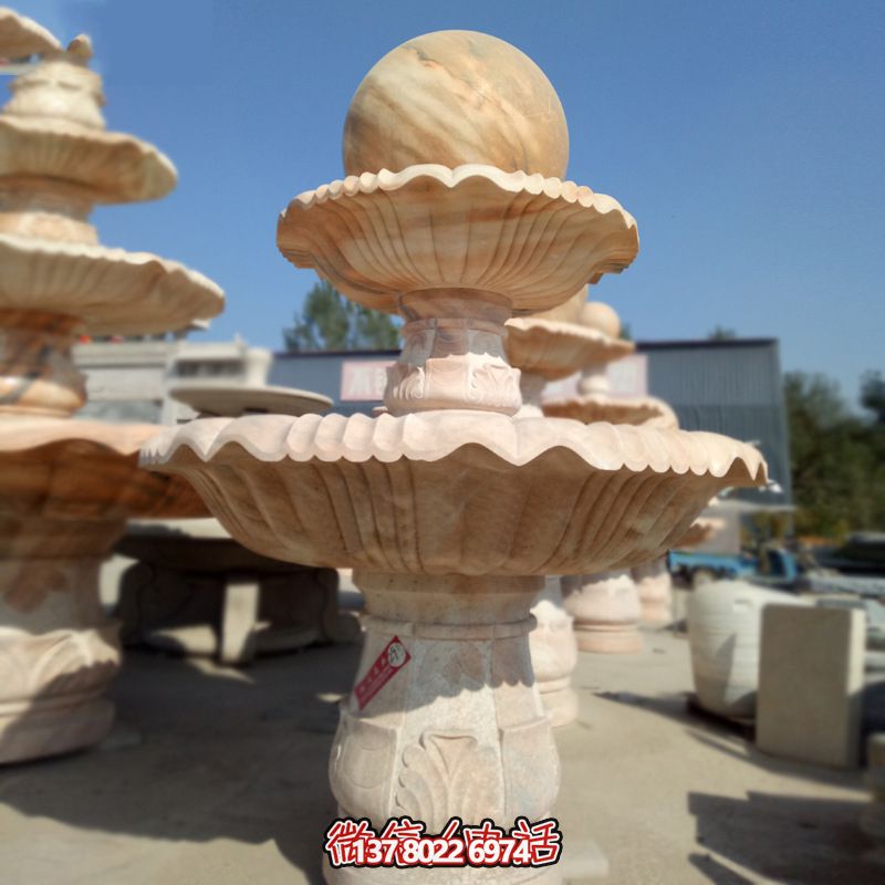 私家庭院風水紅景觀，點綴晚霞夢幻雕塑噴泉