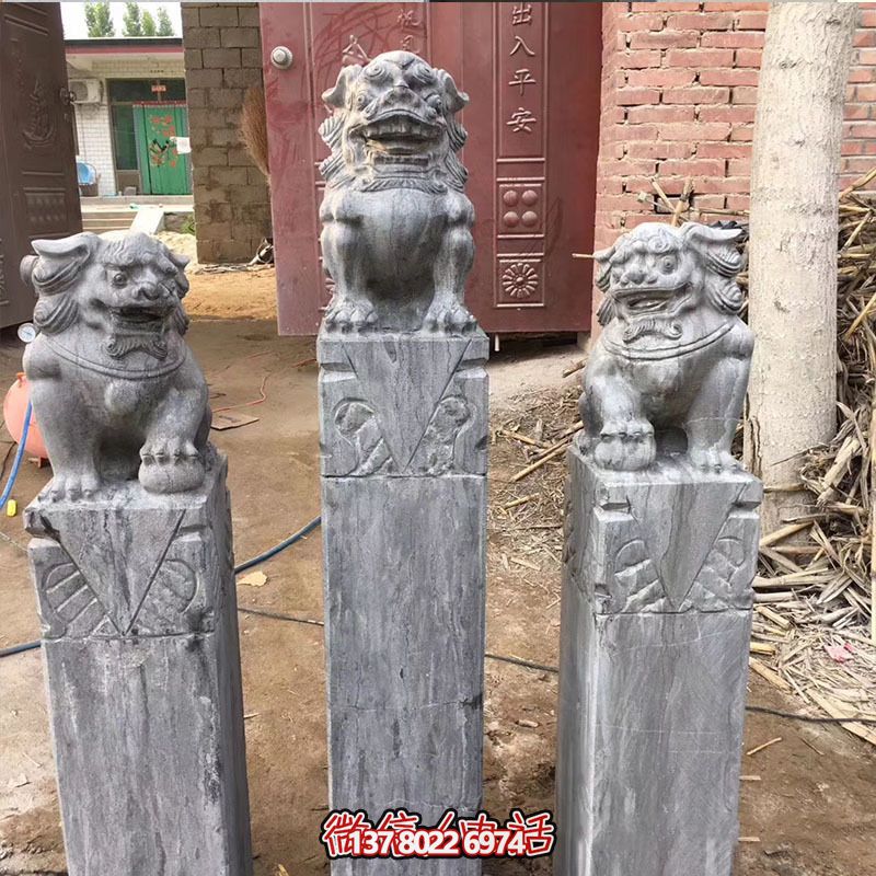 經典仿古石獅子拴馬柱擺件，點綴園林