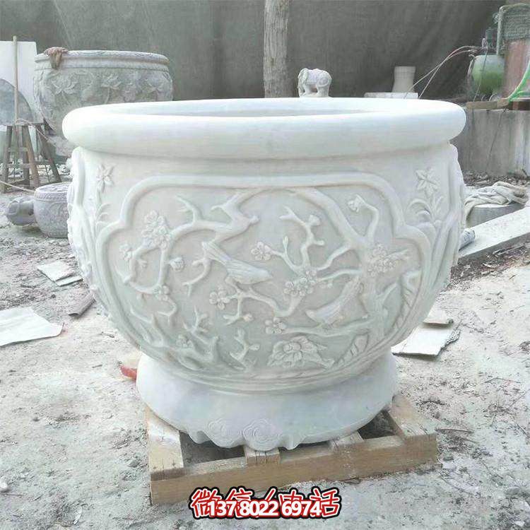 漢白玉石雕庭院浮雕魚(yú)缸